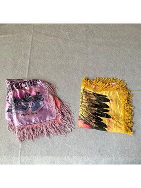 Vintage Pillow Cover Satin With Fringe & Illustrations 16.5x15.5 Lavender Yellow